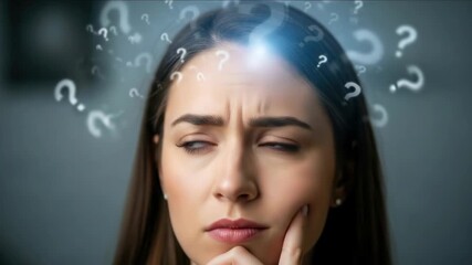 Pensive woman contemplating with floating question marks in mindful sequence