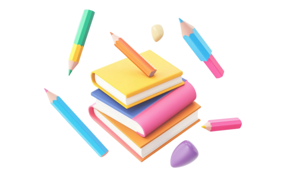 Creative 3D rendering of cartoon pencils and books floating together symbolizing study school preparation knowledge and playful educational concept artwork isolated on transparent background PNG