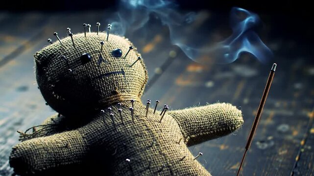 Close-up of a voodoo doll with pins, incense smoke, and a dark, mysterious atmosphere.