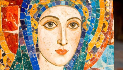 Close-up mosaic portrait, vibrant colors, and detailed features.