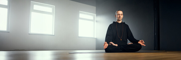 Meditation Pose in Wide Banner with Copy Space