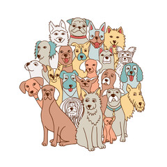 Group of dogs arranged in a circle, illustrated in a cute and colorful hand-drawn cartoon style
