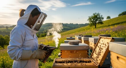 Beekeeper tending hives in a sunlit meadow, using smoker to calm bees near open honeycomb frame