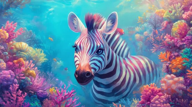 Adorable zebra swimming underwater among vibrant coral reef with colorful fish. Whimsical animal concept for kid's design and ocean life illustration.