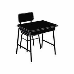  black vector silhouette of a classic school desk with attached chair, rectangular desktop with slightly angled surface