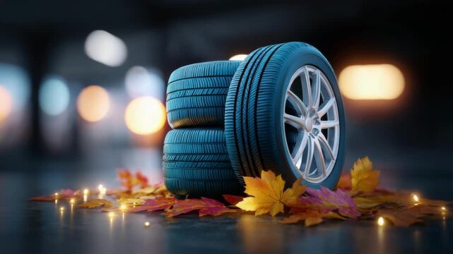 Stack of car tires with autumn leaves on road. Concept of preparing car for fall season. Seasonal tire change theme.