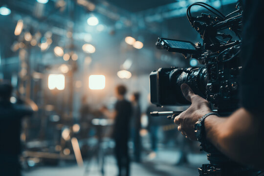 Male hand operating professional video camera on film set with blurred multiethnic crew working in background, capturing behind scenes production environment