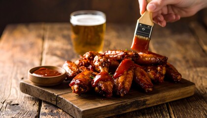 A wooden board holds a generous portion of delicious, roasted chicken wings drizzled with savory barbecue sauce, ready to be enjoyed.