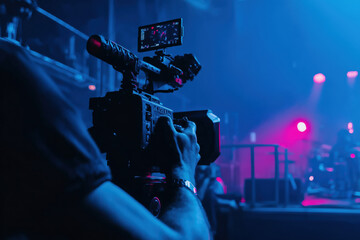 Male hand operating professional video camera during live concert, capturing stage performance under blue and pink lighting, focusing on equipment and filming process