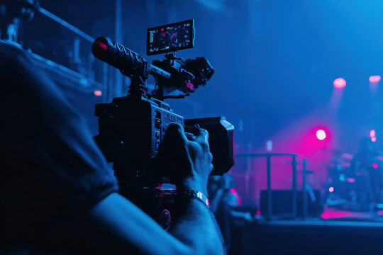 Male hand operating professional video camera during live concert, capturing stage performance under blue and pink lighting, focusing on equipment and filming process - Powered by Adobe