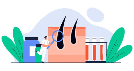 Alopecia and hair loss concept. Doctor examining hair follicle with magnifying glass and medical equipment around. Dermatology, trichology, hair care scene. Isolated vector illustration 