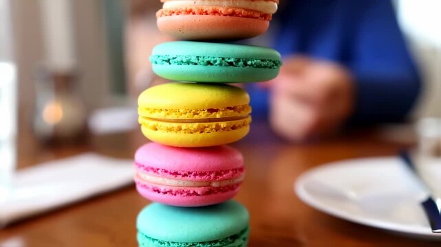 Colorful Macarons Stacked High: Delicious Dessert Close-up