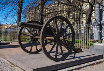 One of the ten old cannon imitations surrounding Glory Column in square in front of Holy Trinity Cathedral St Petersburg Russia. Original trophy cannons was dismantled in 1929 and sold by the Soviet