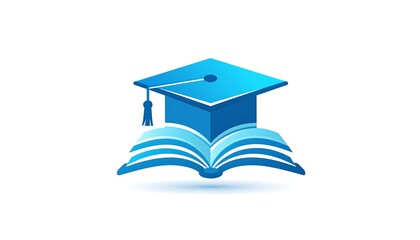 A vibrant blue graduation cap and open book, symbolizing knowledge and achievement, set against a clean white background.