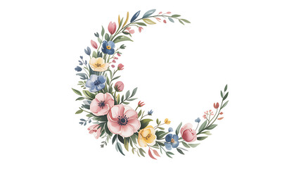 Crescent moon shaped floral arrangement with delicate flowers Keywords: floral, arrangement