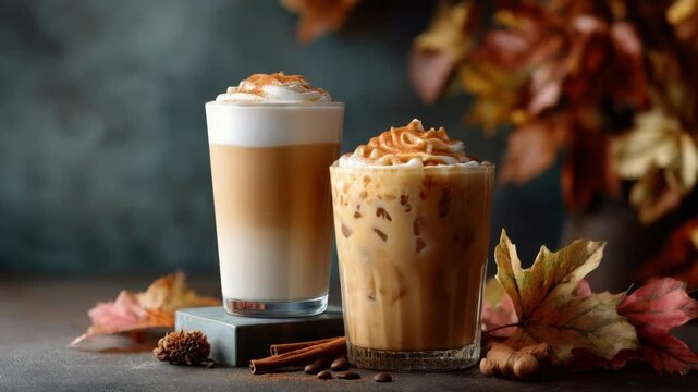 Delicious pumpkin spice latte and iced coffee on a table with autumn leaves. Cozy fall drink concept for Thanksgiving.