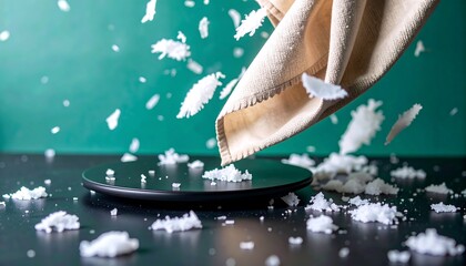 A beige cloth draped over a dark circular stand, showcasing scattered white particles against a teal backdrop.