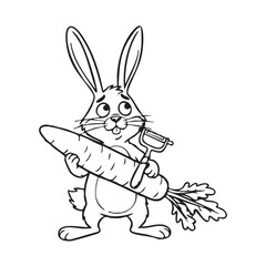 Vector art of a cute rabbit is peeling a carrot with a peeler, the rabbit is standing on its hind legs and looking up with a worried expression