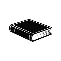 black vector silhouette of a closed hardcover book lying flat, visible spine and cover edges, simple bold shape with clean lines, flat vector style, centered on white background