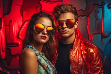 Stylish man and woman with sunglasses standing together against a vibrant red and blue backdrop