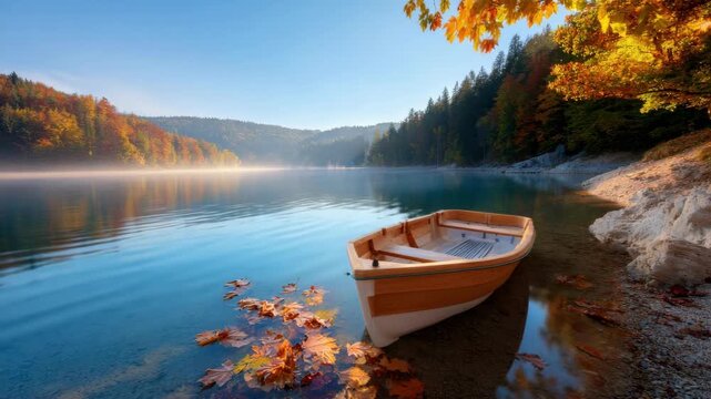 Empty wooden rowboat on a lake shore with beautiful autumn foliage. Serene natural landscape scene for travel banner.