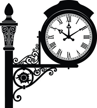 Vintage street clock silhouette with roman numerals, antique station clock on ornate wrought iron post, classic outdoor timepiece vector