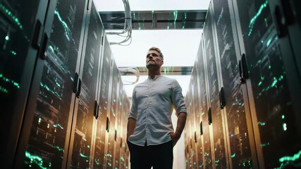 It professional stands in modern datacenter server room with glowing green network lights. Technology infrastructure facility features advanced computing equipment, storage systems, and digital - Powered by Adobe