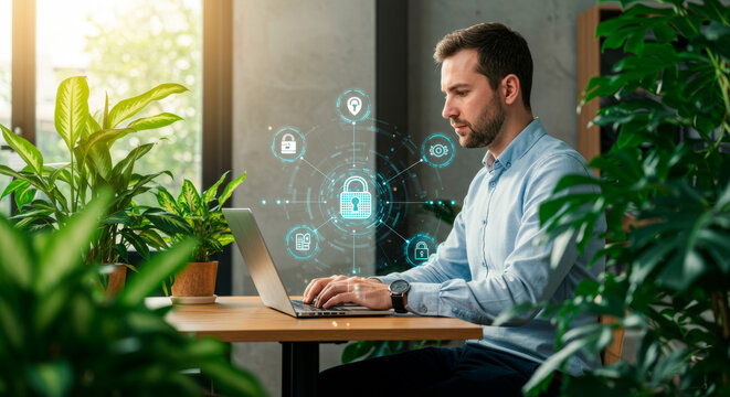 Man using laptop with cyber security lock icon. Concept of online data protection and secure internet access