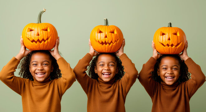 Young African American triplets with curly hair, happily holding jack-o-lanterns on their heads and smiling for Halloween - Powered by Adobe