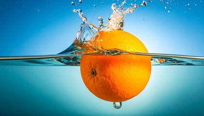 A vibrant orange fruit plunges into clear water, creating a dynamic splash.