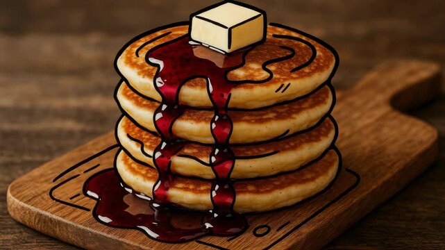 Stack of pancakes with syrup and butter on a wooden board. Breakfast food with cartoon line art doodle.