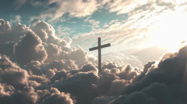 A heavenly scene with a cross illuminated by sunlight, surrounded by clouds. Captured from a low angle, perfect for a spiritual video backdrop. Live desktop wallpaper