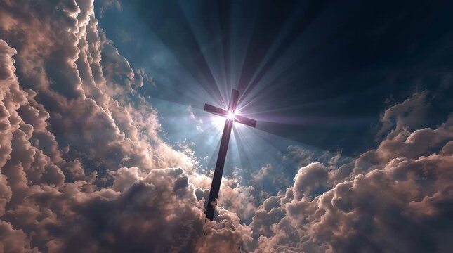 A heavenly scene with a cross illuminated by sunlight, surrounded by clouds. Captured from a low angle, perfect for a spiritual video backdrop. Live desktop wallpaper