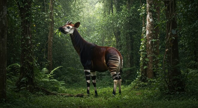 Ethereal Okapi with Zebra Stripes Foraging in a Sunlit Jungle Clearing