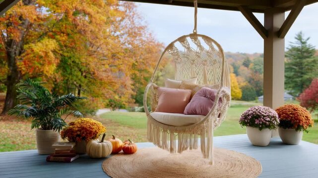 Cozy macrame hanging chair on a porch with autumn pumpkins, flowers, and fall foliage in the background for relaxation.