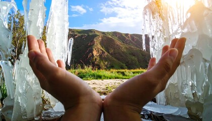 A hand reaching out to touch a magnificent display of icicles, framed by a scenic landscape.