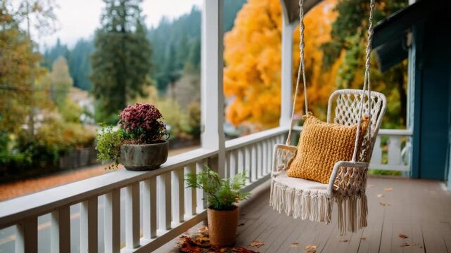 A cozy porch swing with a yellow pillow overlooks a vibrant autumn landscape from a rustic home balcony.