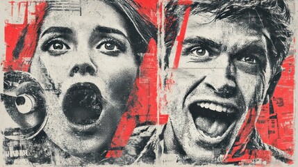Fototapeta premium Distressed collage faces with red highlights