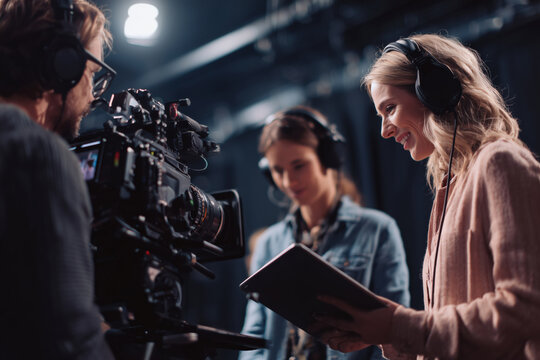 Young woman wearing headphones holding tablet smiling while standing next to another Young woman as cameraman filming scene in professional studio environment