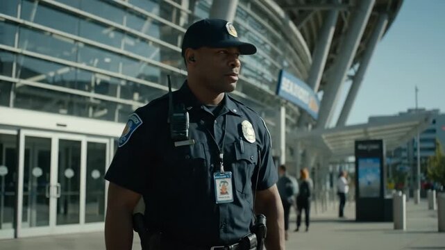 Security Officer at Modern Stadium - A focused security guard stands outside a contemporary stadium, maintaining a vigilant presence.