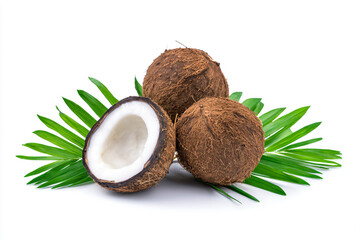 three coconuts with leaves on a white background