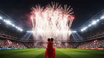 Fireworks Celebration: Soccer Players Embrace in Stadium - Two soccer players in red jerseys embrace on the field as a spectacular fireworks display erupts over a packed stadium at night.