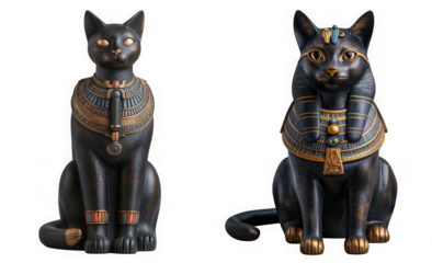 Ancient egyptian bastet cat goddess statue with ornate collar, isolated on transparent background