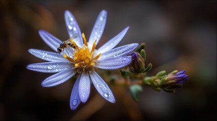 A delicate purple flower with water droplets and a small insect.