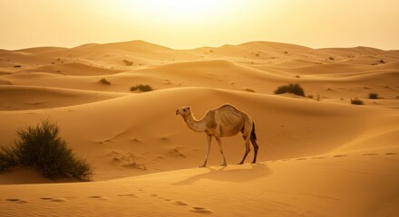 Solitary Camel's Journey Across Sun-Drenched, Rolling Desert Dunes at Golden Hour.