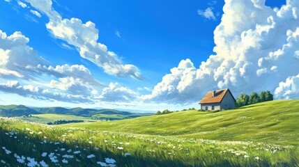 A serene landscape featuring a quaint house in a lush green field under a bright blue sky adorned with fluffy clouds.