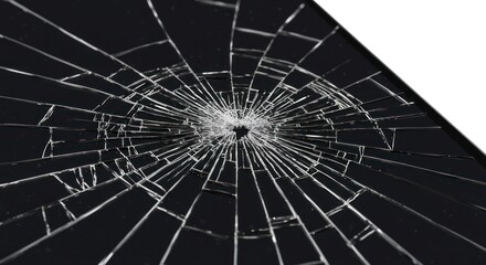 Fototapeta premium Shattered Perspective: A Web of Radiating Cracks on a Broken Black Glass Screen.
