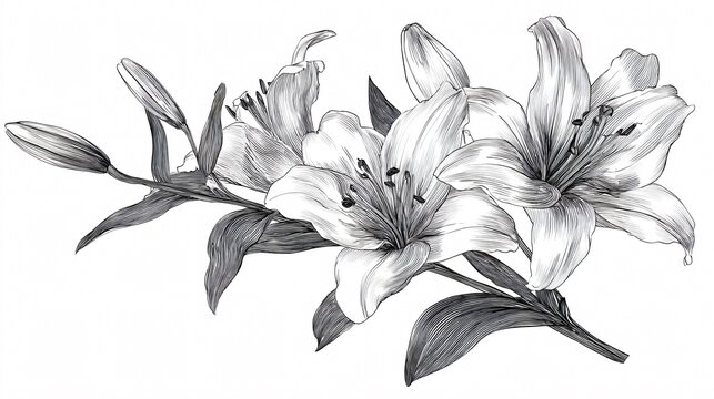 Elegant Monochrome Lily Bouquet in Black and White Isolated on White Background