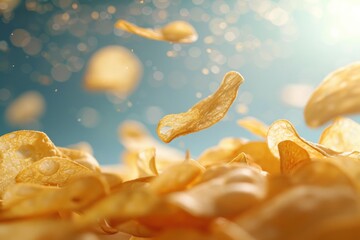Potato chips are falling and flying on a blue background with bokeh effect, creating a dynamic and appetizing scene