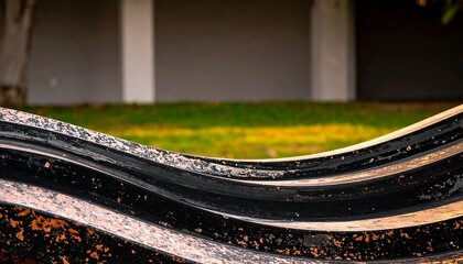 Exterior decorative metalwork with wavy lines, exhibiting a dark black and bronze color palette, set against a background of out-of-focus greenery and architectural details.